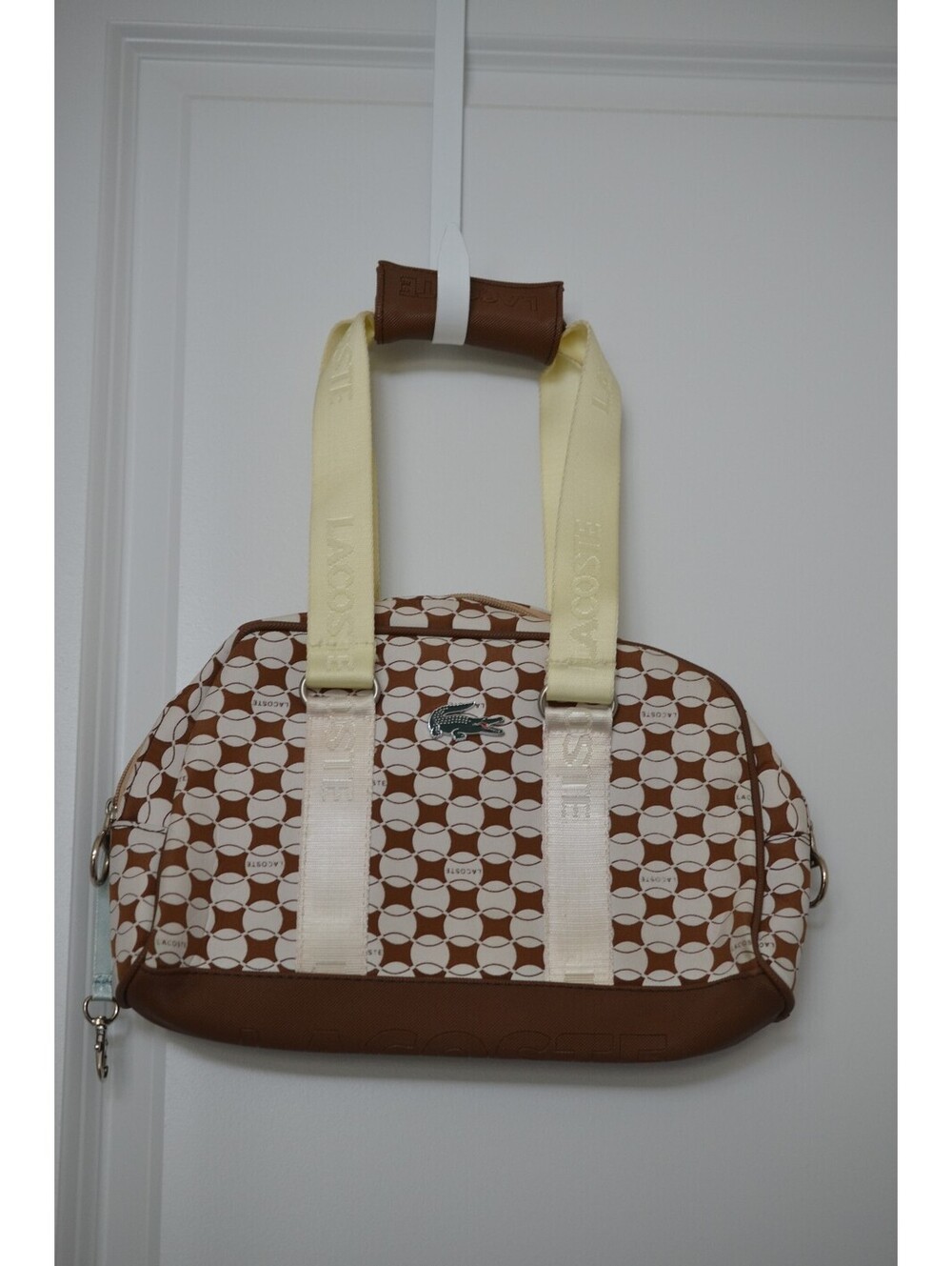 Lacoste Brown Cream Monogram Bowling Bag Satchel Handbag Shoulder Strap